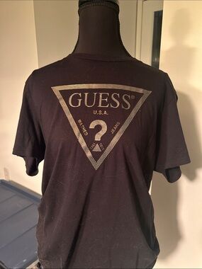 Guess Black Short Sleeve Tee with Metallic Gold Triangle Logo